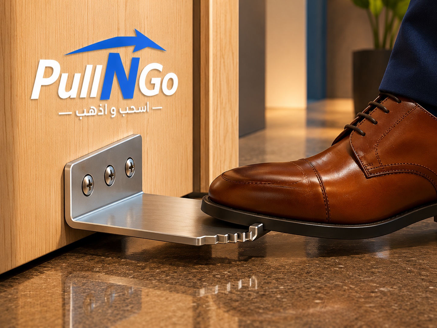 PullNGo product — foot-operated tool that opens pull doors without touching the handle