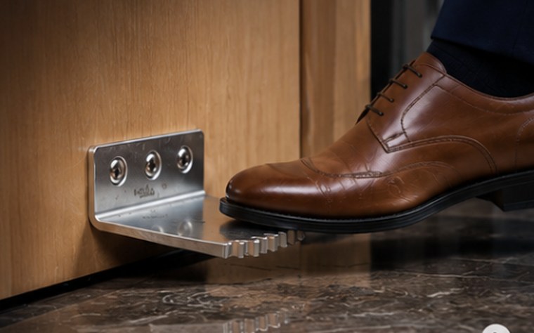 A shoe hooking under the PullNGo opener mounted at the bottom of a pull door